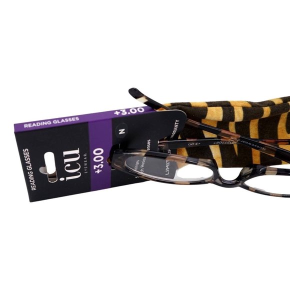 ICU Eyewear Petaluma +3.00 Reading Glasses Black Yellow Tiger Pattern Sleeve New - Picture 4 of 4